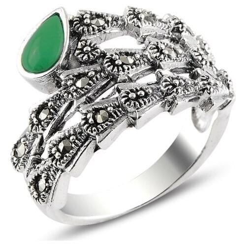 Silver 925 Sterling Green Agate & Marcasite Ring