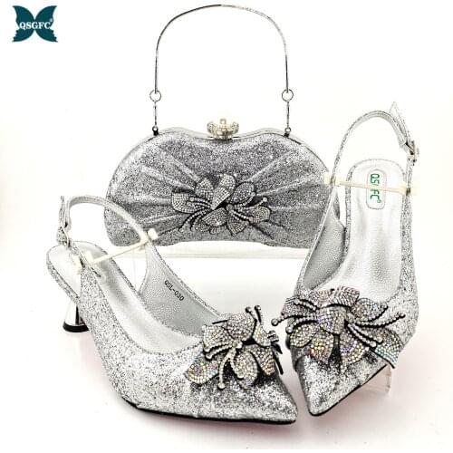 Silver Color Fashion Special Flower Decoration Style Italian Design Afrcian Elegant Ladies Shoes and Bag Set for Party Wedding