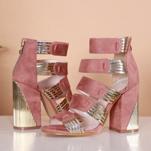 JINJOE Women Single shoes Rough heels pumps high heels Metal buckle Rome style Hollowing out Summer shoes