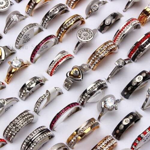 Yingwu Mixed 5pcs Lots Wholesale Women Men Stainless Steel Solid Zircon Crystal Rhinestone Engagement Wedding Charm Rings