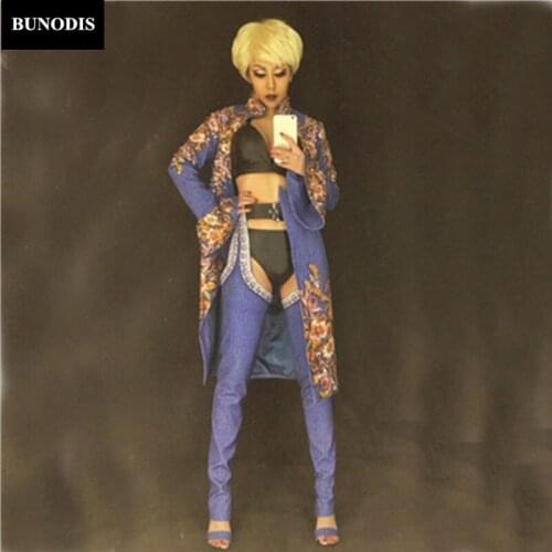 ZD046 Jeans Pattern Sexy Bodysuit & Outfit With Sparkling Rhinestone Fit For Singer Dancer DJ Party Nightclub Stage Wear