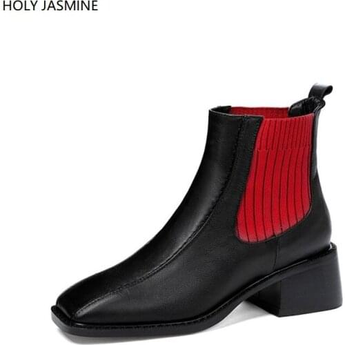 Leather Square head Boots Women Genuine Mid Heel Ankle Boots Thick Square Heel Slip On Western Boots Cowboy Boots Women 2020New