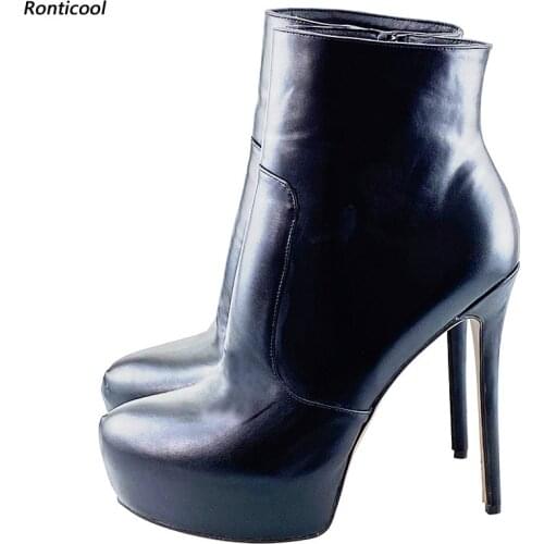 Ronticool Handmade Women Winter Platform Ankle Boots Side Zipper Thin High Heels Round Toe Elegant Black Shoes Size 45 47 52