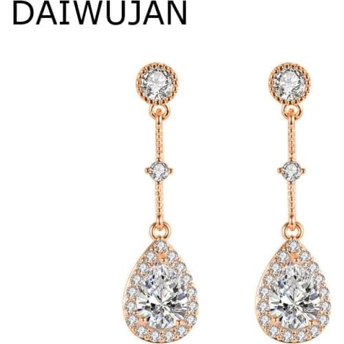 DAIWUJAN Luxury Crystal Water Drop Dangle Earrings for Women Silver Rose Gold AAAA Zircon Bride Wedding Engagement Party Jewelry