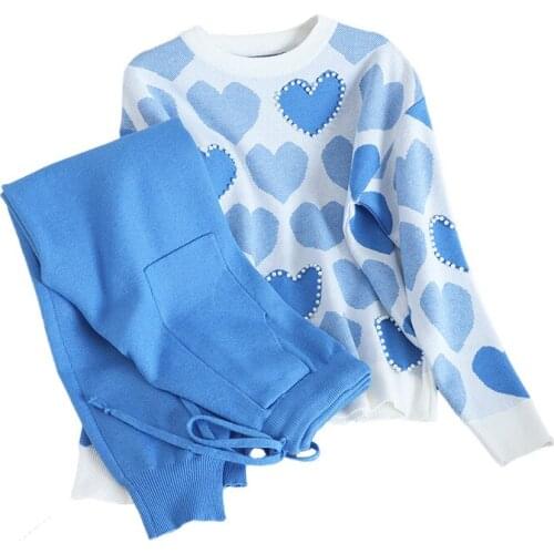 2020 New Autumn 2 piece set Women Fashion sweet Love print Beading Pullover + Lace up Trousers Knit Two-piece Sets Womens