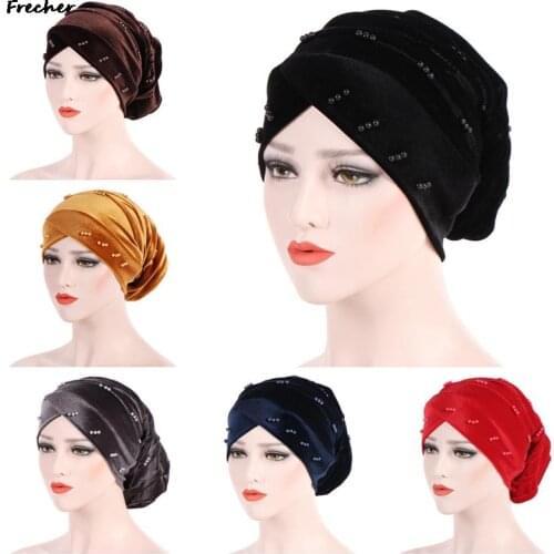 New Muslim Pearl Beaded Women Turban Head Scarf Wrap Velvet Stretch Baggy Hat Pearl decoration Hair Loss Caps Hair Accessories