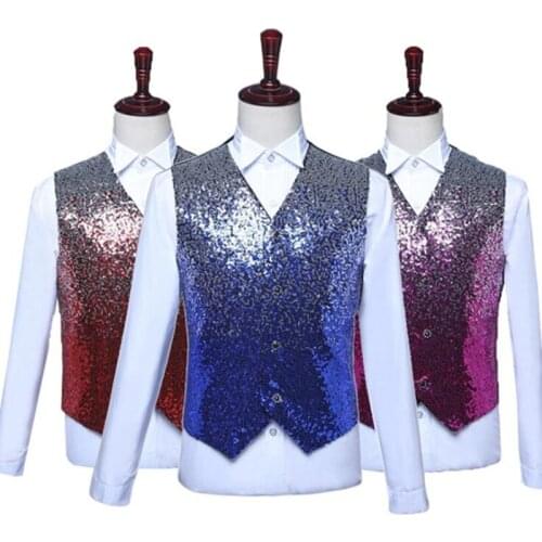 Men gradient color fashion slim sequin vest nightclub DJ singer stage performance colete men street dance hip hop punk waistcoat