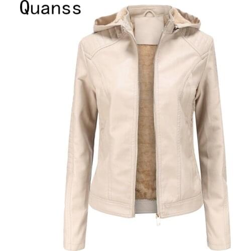 Quanss Winter Warm Velvet Hooded Soft Pu Faux Leather Jacket Women Fashion Solid Color Zipper Slim Thick Coats And Jackets