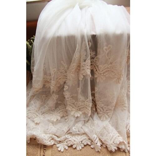 1 Yards Cream Lace Fabric With 3D Cotton Embroidered Borders