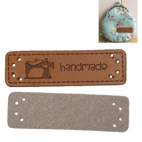 10 PCs PU Leather Label Rectangle Light Brown Sewing Machine Message "handmade" 45mm(2") X 15mm( 5/8") For DIY Craft Making
