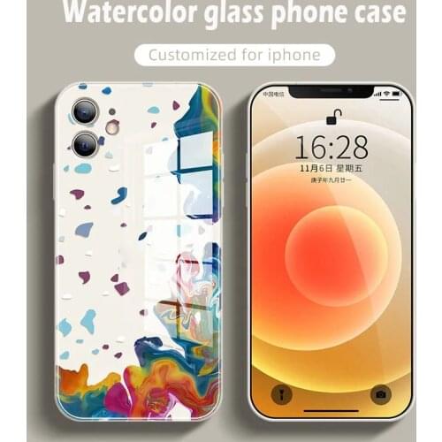 Watercolor liquid glass phone case for iphone 12 12Mini 12pr 11 Pro XS Max X XR SE 7 8 plus silicone candy protective cover