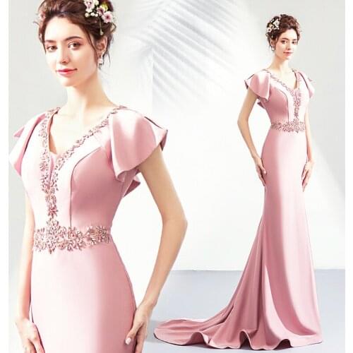 Baby pink evening dresses 2019 mermaid formal dress appliques crystal prom dress tulle lace up brial shower dress robe de soiree