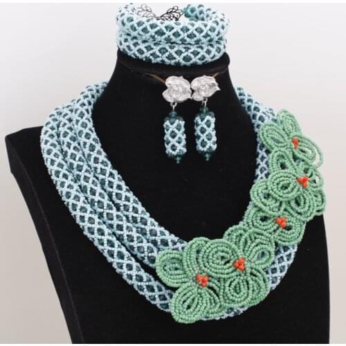 Dudo Genuine Teal Green Women Set African Beaded Flowers Design Necklace With Bracelet Earrings 3 Pcs 2020