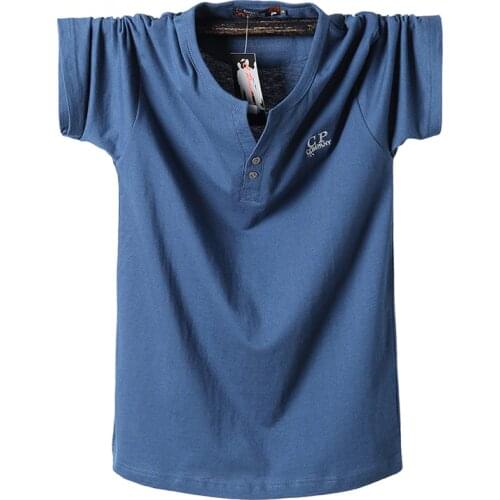 Brand Quality Casual Henry T Shirt Men 7XL 8XL Cotton Breathable Short Sleeve V-Neck T-Shirt Male Anti-Wrinkle T-Shirts Homme