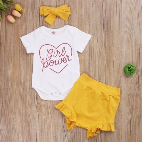 0-18M Little Girl Outfits 3-Piece Set Summer Letter Print Short Sleeve Jumpsuit + Shorts + Bow Headband Set Baby Girls Clothes