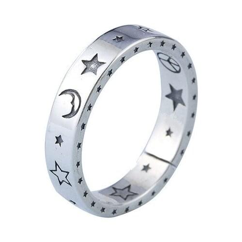 Round Star Moon Smile Face Open Ring For Women Ancient Silver Color Simple Cute Geometric Smiley Faces Adjustable Rings A920
