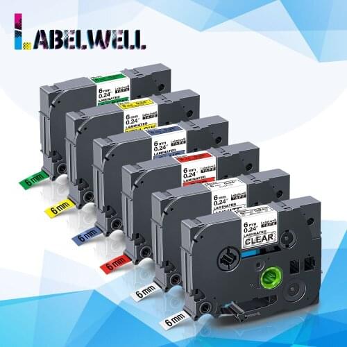 Labelwell 6PK tze-211 laminated tze tape tze 211 tze211 tze-111 tze-411 tze-511 tze-611 6mm*8m for Brother P-Touch label maker