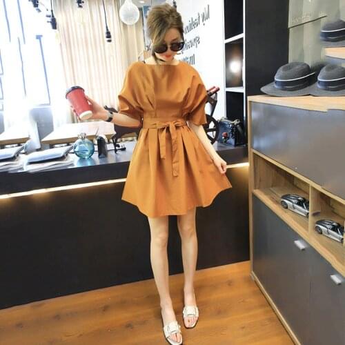 Summer Leather Pink Mini Dress Womens 2020 Summer Vestidos Was Thin Stitching Mini-length O-neck Caramel Dress With Belt Q145