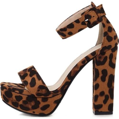 Summer Leopard grain Chunky Heel Waterproof Sandals Sexy Peep toe Buckle Strap Brown Beige Party Shoes Big size 43 Women shoes