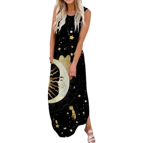 Fashion High Quality Womens Dress Women Casual Plus Size Starry Sky Printing O-Neck Pockets Sleeveless Maxi Long Dress Vestidos
