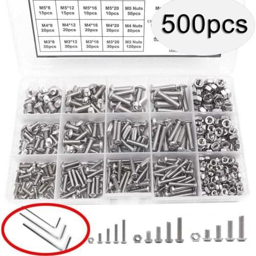 500Pcs M3 M4s M5 Stainless Steel Hexagon Socket Button Head Screws Nuts Kit + 3 Wrenches Fastener Repair Tool Accessory