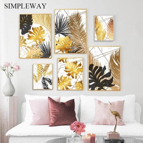 Wall Art Picture Marble Golden Leaf Abstract Poster Nordic Style Botanical Canvas Print Painting Modern Scandinavian Decoration