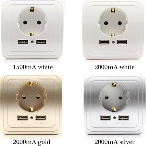 EU Standard 16A 250V Dual USB Port 1500mA/2000mA Wall Charger Adapter EU Plug Usb Socket With Usb Power Outlet Panel