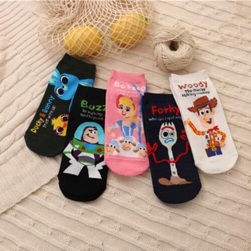 Disney 1Pair Girl Socks Woody Socks Toy Story Anime Character Cotton Socks College Wind Cartoon Cute Socks