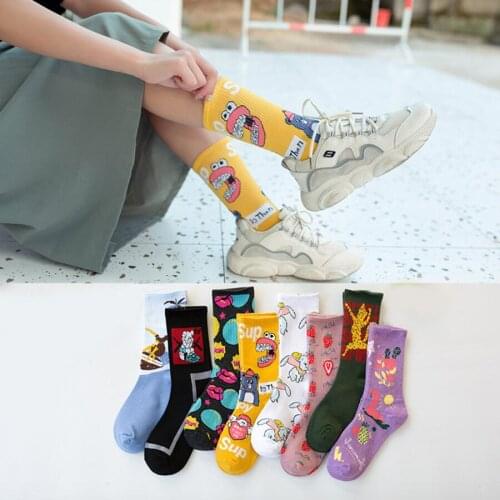 Funny Happy Cartoon Women Socks Multi-pattern Colorful Black White Pink Purple Yellow Crew Socks Casual Cotton Female Sock