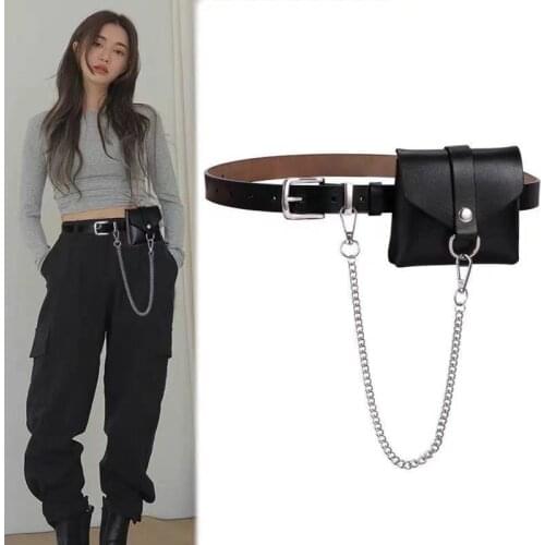 New Style Ladies Leather Belt Cowhide Coat Belt Women Chains on Jeans Waist Bag Metal Decoration Detachable Waist Belt Bag