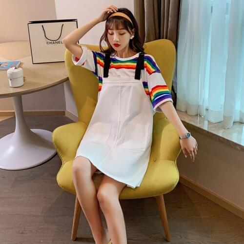 Maternity Clothes Net Red Suit 2021 Summer New Fashion Trendy Mother Loose Denim Suspender Skirt Rainbow T Two-Piece Suit