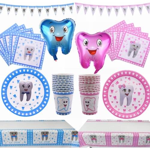 My First Tooth Disposable Tableware Pink Blue Cartoon Tooth Printed Tableware for Kids Birthday Decorations Baby Shower Supplies