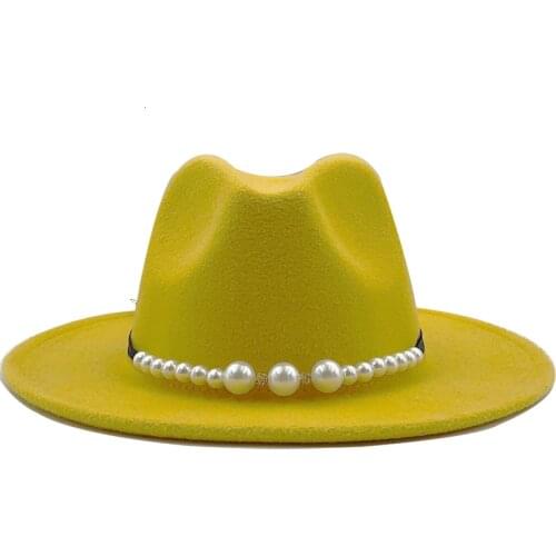 Simple Women Wool Fedora Hat With pearl Ribbon Gentleman Elegant Lady Winter Autumn Wide Brim Jazz Church Panama Sombrero Cap