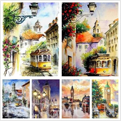 Retro City Landscape Diamond Painting Watercolor Scenery Handicraft Full Square Round Mosaic Rhinestone Embroidery Wall Artwork