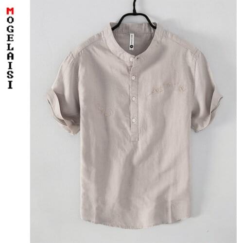 Chinese style men white shirts embroidery Crane linen tops Breathable and soft short sleeve fashion high quality man clothing883