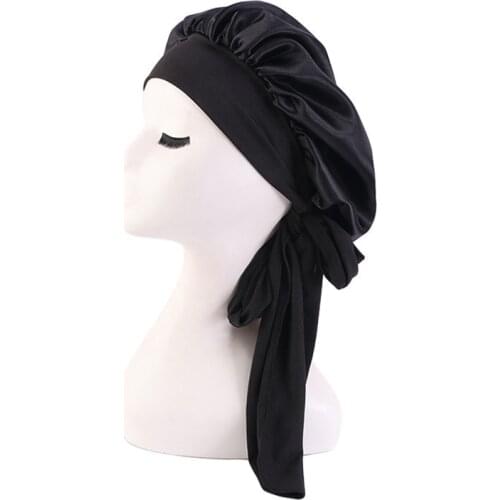 Long Hair Care Night Sleep Hat Adjust Hair Styling Cap Silk Head Wrap Shower Cap Adult Solid Satin Bonnet with Wide Stretch Ties