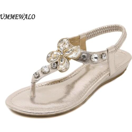 UMMEWALO Sandals Women Summer Rhinestone Heel T-strap Flip Flops Beach Thong Wedges Shoes
