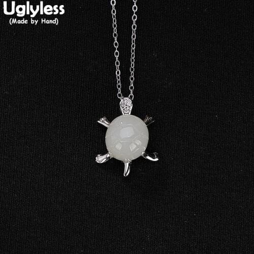 Uglyless Real Solid 925 Sterling Silver Handmade Turtle Pendants for Women Natural Jade Fine Jewelry Tortoise Necklaces NO Chain