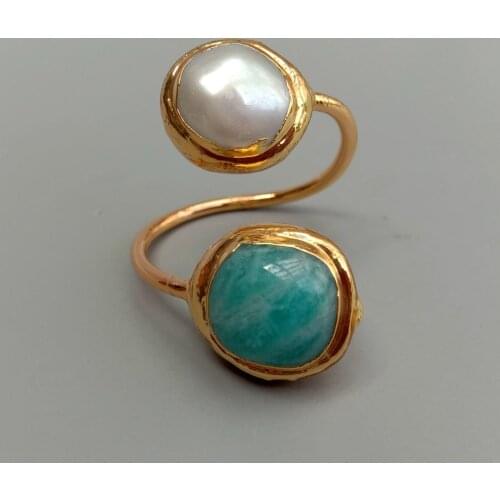 YYGEM Natural Amazonite Cultured White Freshwater Pearl Pave Gold plated Ring Adjustable