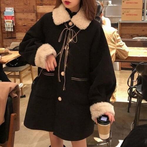 Blends Women Black Oversized Ladies Woolen Coat New Female Patchwork High Waist Warm Ulzzang Preppy Style jaqueta feminina