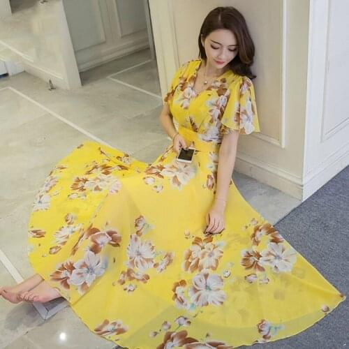 2021 New Floral Summer Dresses Print Big Swing Temperament Beach Holiday Women Dress Buterfly Sleeve Female Chiffon Print Dress
