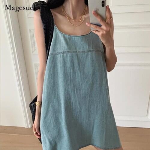 Summer 2021 Vintage Women Dress Solid U-neck Loose Denim Sling Dress for Women Casual Simple Sleeveless Mini Dress Vestido 14483