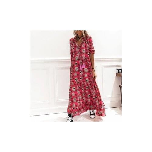 2021 Spring Fashion Skull Printed Loose Dress Elegant Women V-Neck Long Dresses Ladies Casual Long Sleeve Party Dress Vestidos