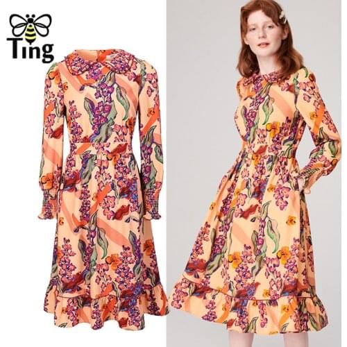 Tingfly 2021 New Spring Peter Pan Collar Floral Print Knee Length Dress Vintage Casual Street Chic Dress Vestidos Plus Size Za