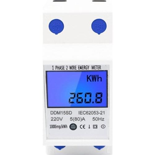 LCD Backlight 1Phase 2Wires 5(80A) Energy Meter Din Rail Electric Meter Monitor