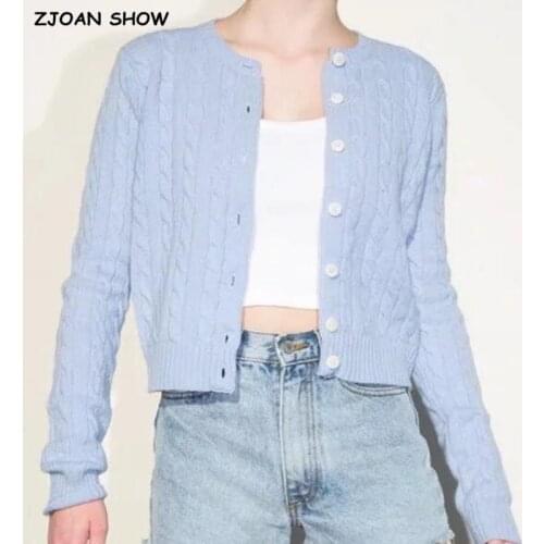 2020 Retro Women Knit Twist Striped Single-breasted Buttons Cardigan French Exposed navel Short Knitwear Long sleeve Jumper Tops