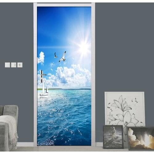 Sea View 3D DIY Door Sticker Modern Bedroom Parlor Door Poster Photo Mural PVC Waterproof Wallpaper Nature Landscape Home Decor