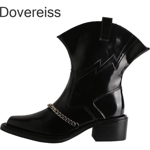 Dovereiss Fashion Boots Winter Sexy Genuine Leather Square Toe Block Heels Short Boots Motercycle Boots Metal Chain Big Size 40