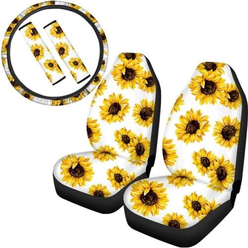 Car Steering Wheel Cover with 2PCS Car Front Seat Covers 2PCS Sunflower Pattern Center Pad Covers Car Accessories