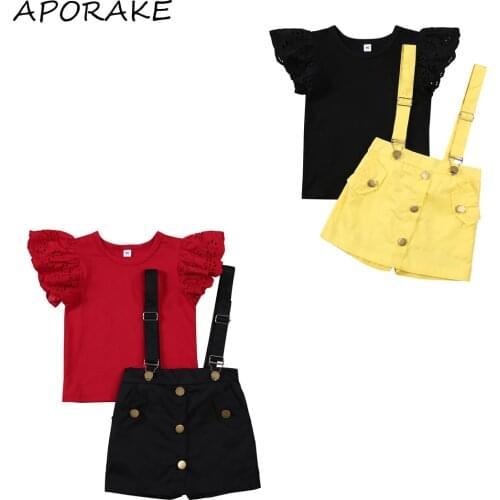 2021 2-7Y Fashion Baby Girl Clothes Lace Short Sleeves Solid T-shirt Top+Button Suspender Shorts Simple Style Pocket Summer 2pcs